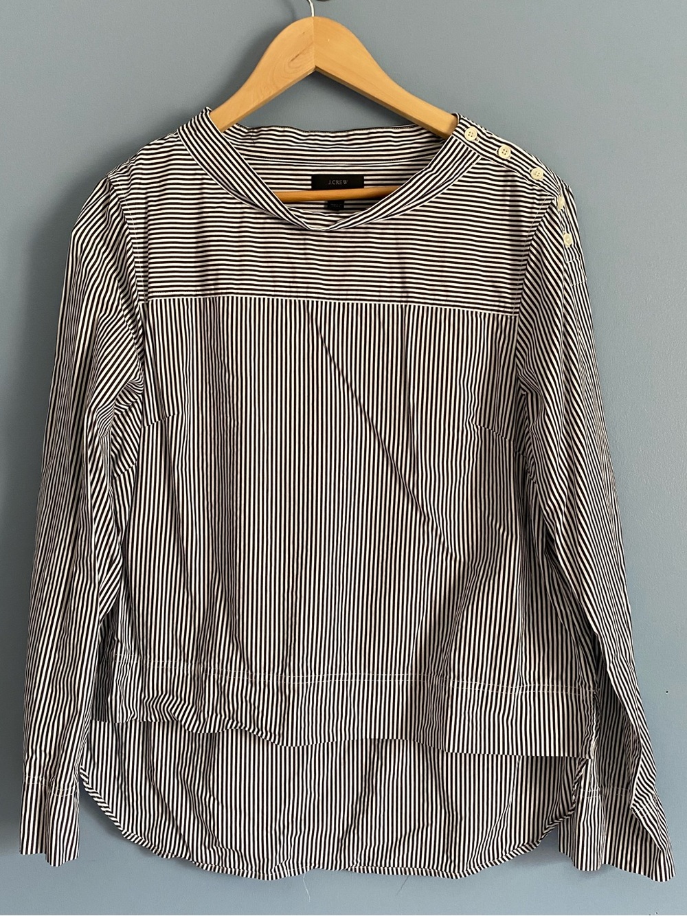 J. Crew charcoal & White Striped Long-Sleeve Button-Shoulder Top